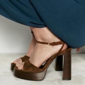 Zara Brown Suede Split Leather Strappy Platform Sandals Heels Shoes